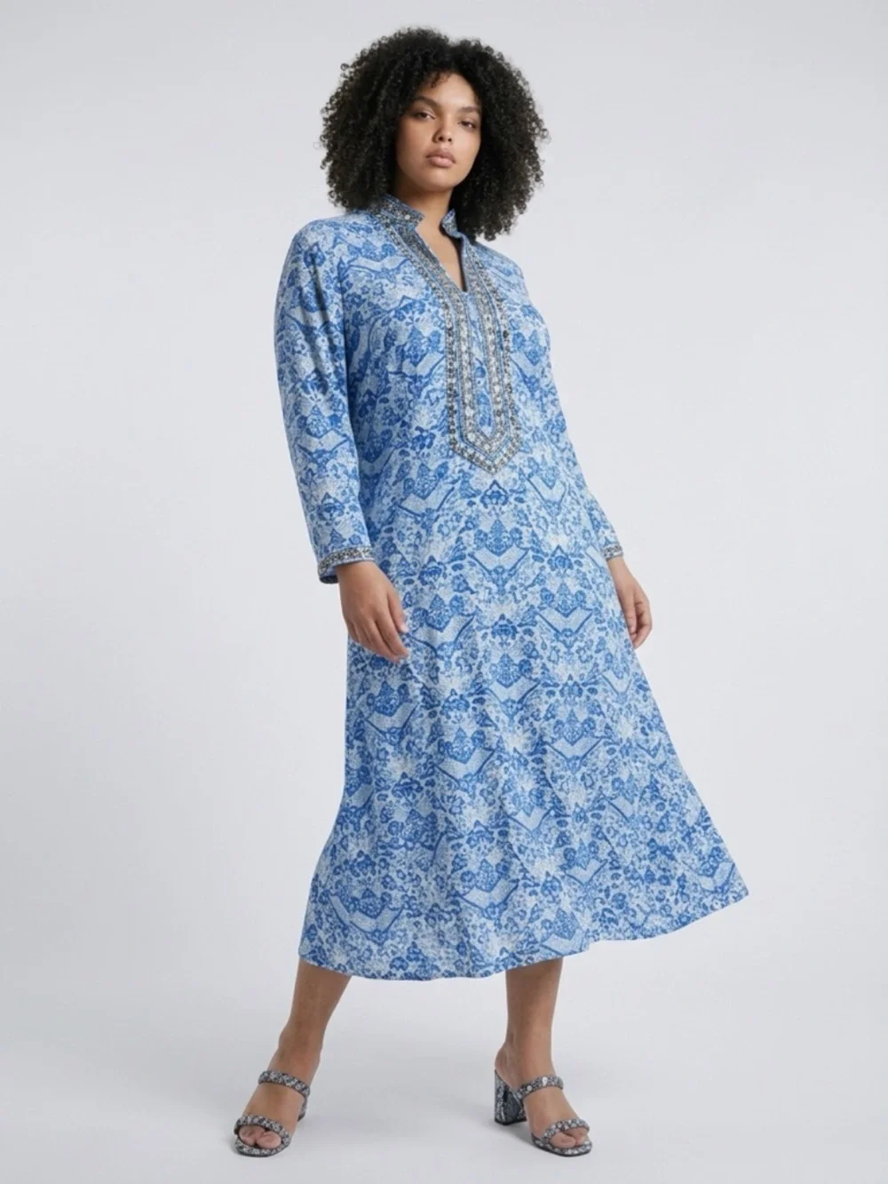 Nicoblu Beaded Resort Dress Blue White Mediterranean Luxe Size 6 - Picture 2 of 15